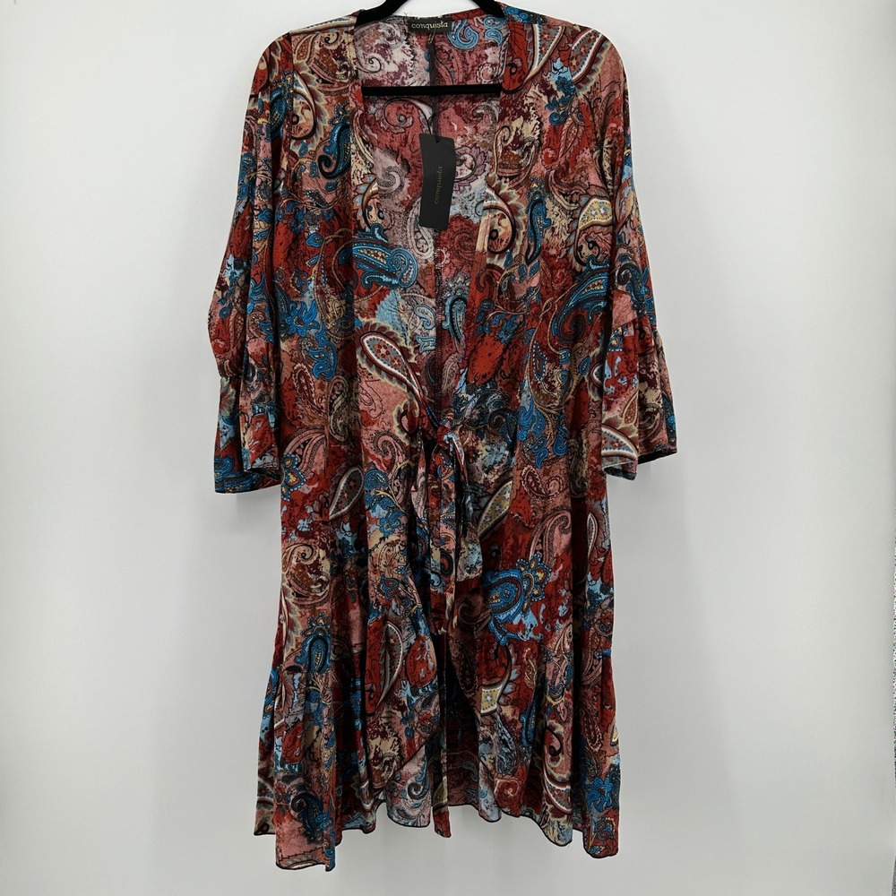 Conquista Paisley Duster Rust Blue Bell Sleeve Greece M NWT Boho Hippie Gypsy